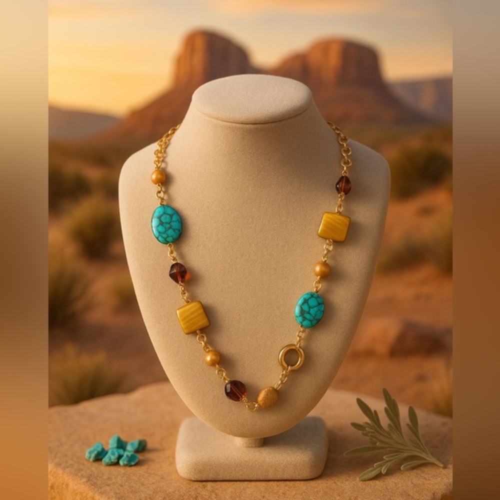 CANYON Necklace Premier Designs | Turquoise, Glass, Shell EUC 26.5" #001-001A
